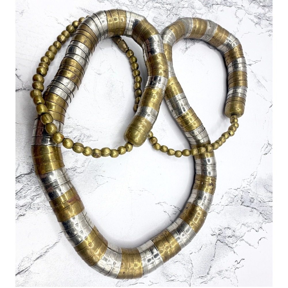 Chunky Two Tone Gold Silver Heishi Style Disc Necklace 33" Statement - Picture 5 of 6